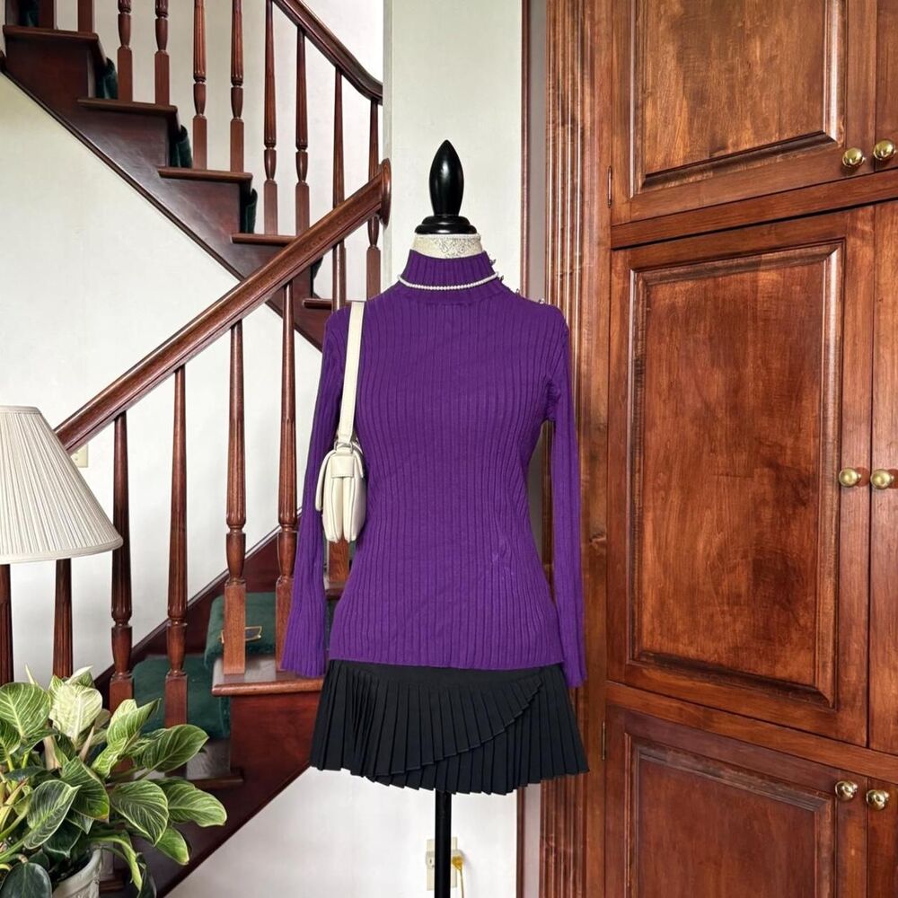 New York & Company Purple Ribbed Turtle Neck Sweater Silver Hardware